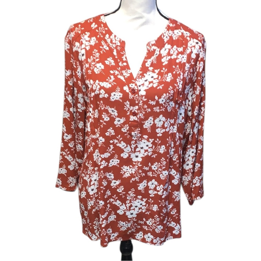 Monday Fun Dark Orange Floral V-neck Blouse Long Sleeve 1x